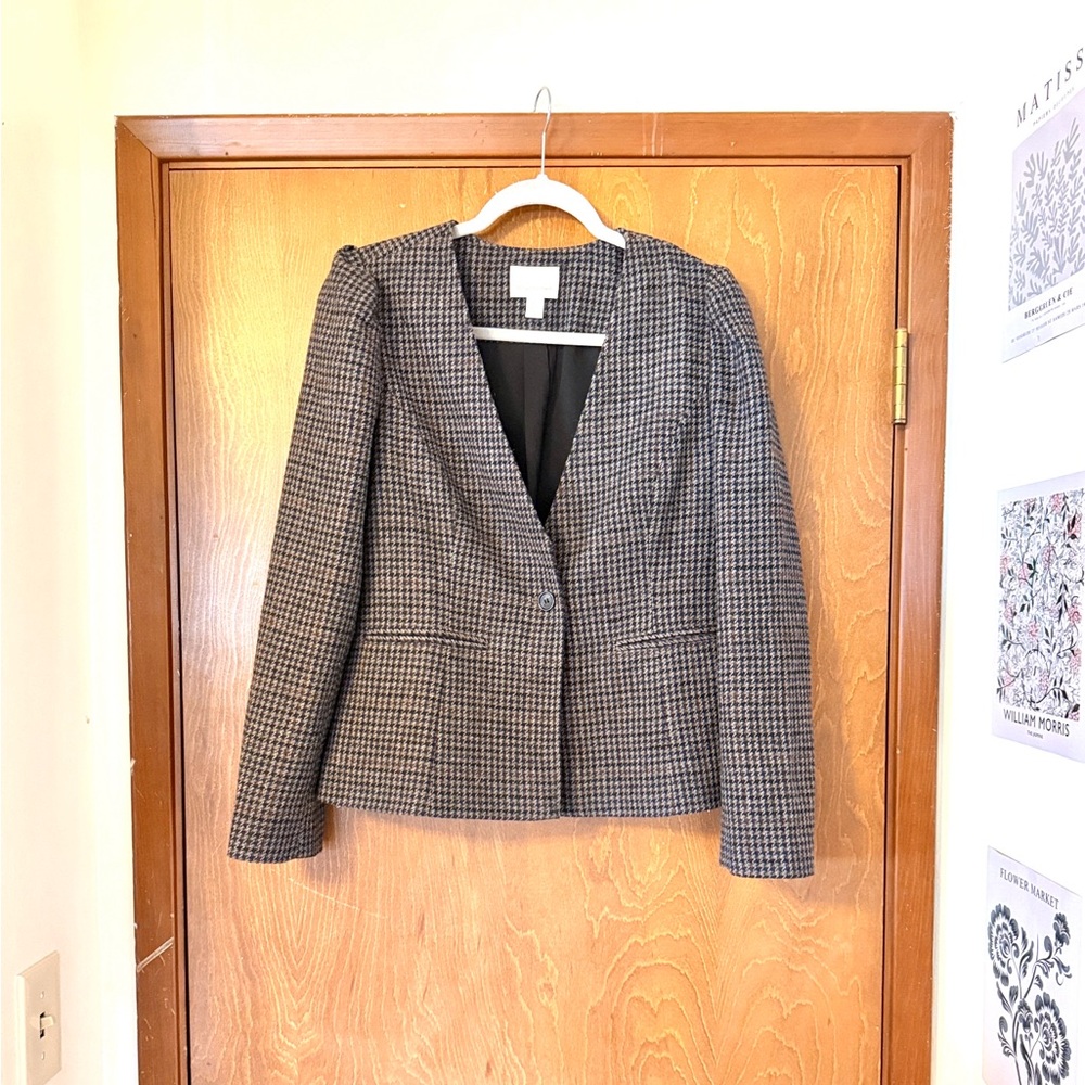 Hinge Black and Gray Houndstooth Puff Sleeve Blazer